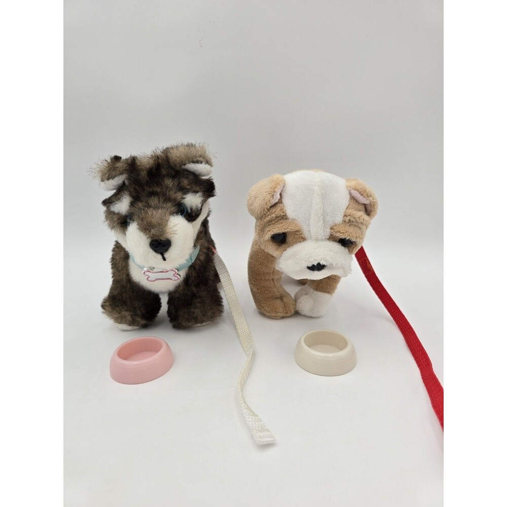 Lot of 2 Our Generation Doll pet dogs husky and bulldog w/ collars leashes bowls